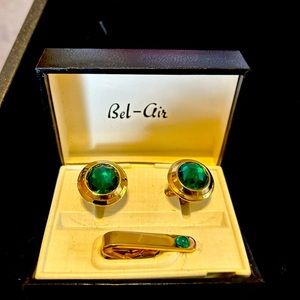 Rare vintage Bel-Air green stone cufflink and tie tack set. Good condition.